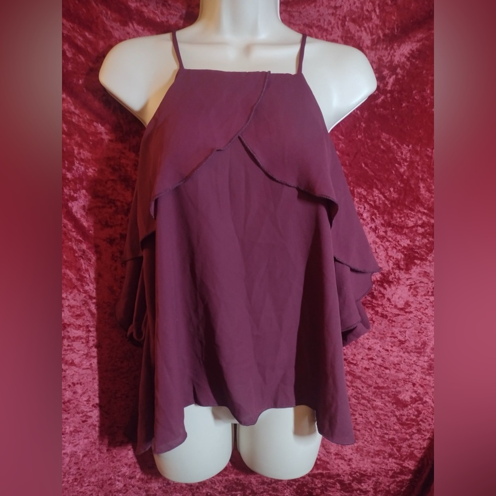 Burgundy Ruffle Cold Shoulder Keyhole Back Blouse Top Cami Holiday Festive